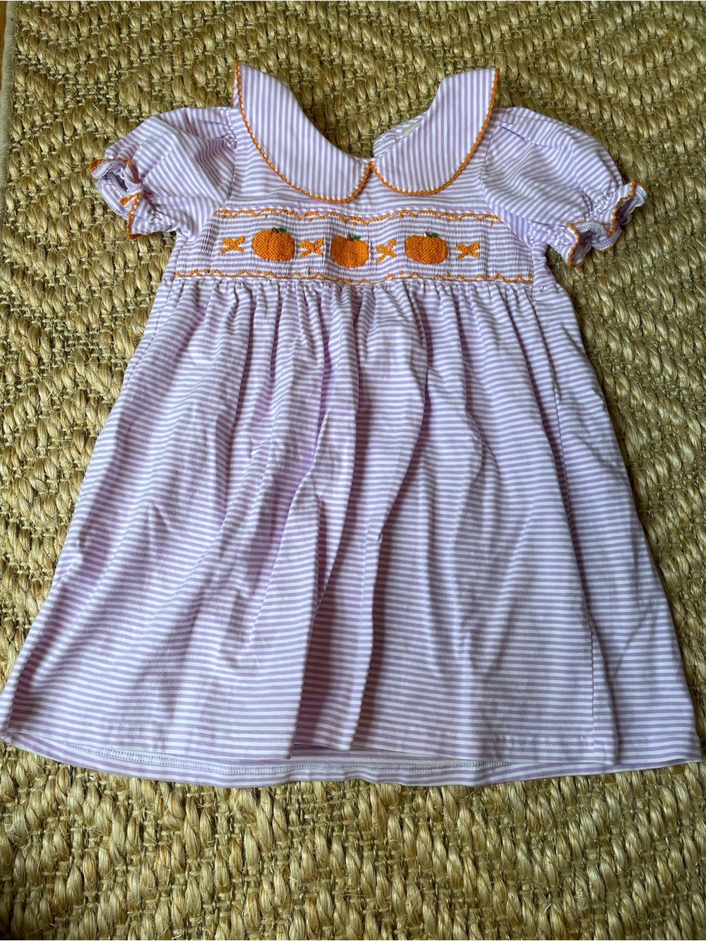 Smockingbird purple and white stripe smocked pumpkins dress 3